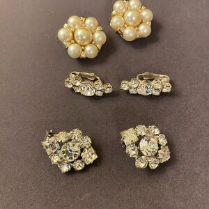 Gold and Pearl Cluster Earrings and rhinestone earrings - vintage clip ons